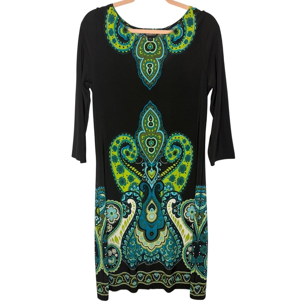 Glamour Paisley Shift Dress Wmns 12 Black Green Blue 3/4 Sleeve Medallion Print